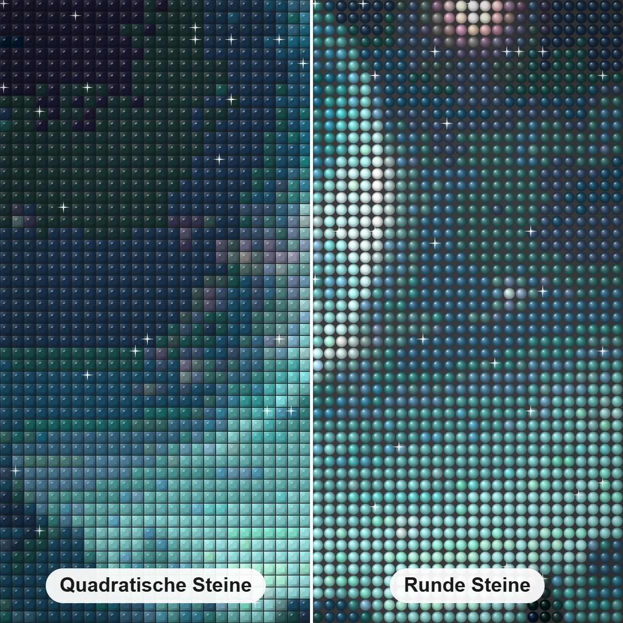 Land der Traumstadt Diamond Painting Nahaufnahme mit quadratischen und runden Steinen
