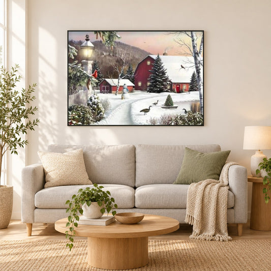 Land Winter als gerahmtes Diamond Painting im Wohnzimmer