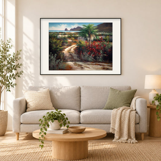 Lands-End-Romantik - Kunst des Jonn Einerssen als gerahmtes Diamond Painting im Wohnzimmer