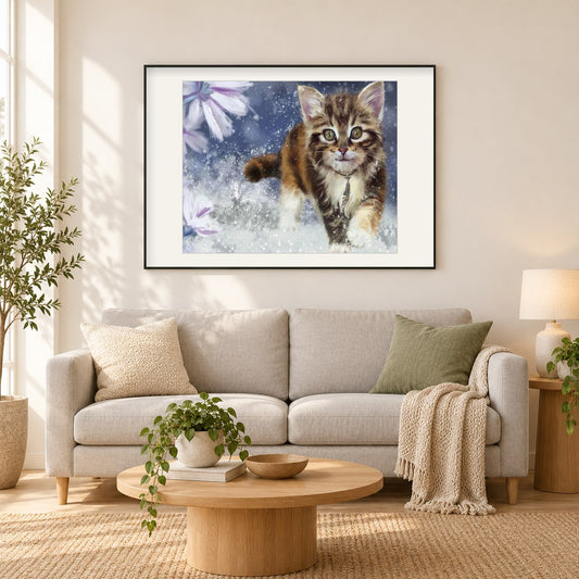 Laufende Katze als gerahmtes Diamond Painting im Wohnzimmer