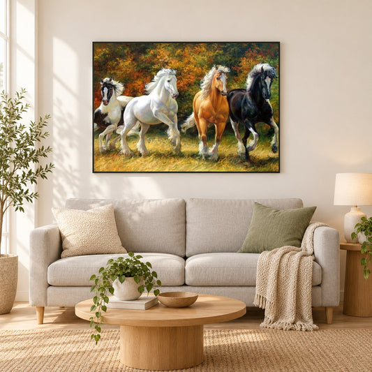 Laufende Pferde als gerahmtes Diamond Painting im Wohnzimmer
