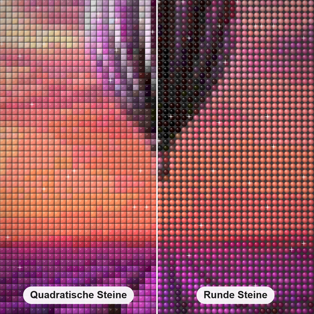 Lavendelfelder & Luftballon Diamond Painting Nahaufnahme mit quadratischen und runden Steinen