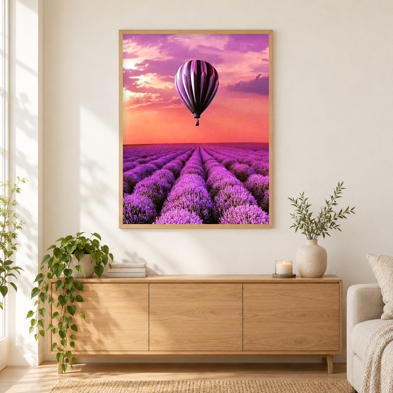 Lavendelfelder & Luftballon als gerahmtes Diamond Painting im Wohnzimmer