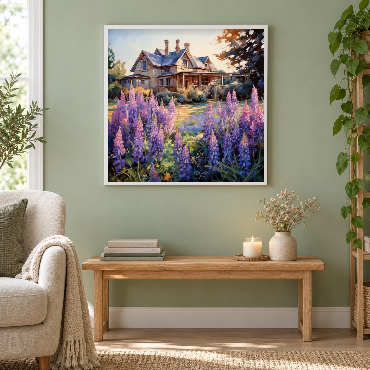 Lavendel-Cottage-Gemälde von Diamonds als gerahmtes Diamond Painting im Wohnzimmer