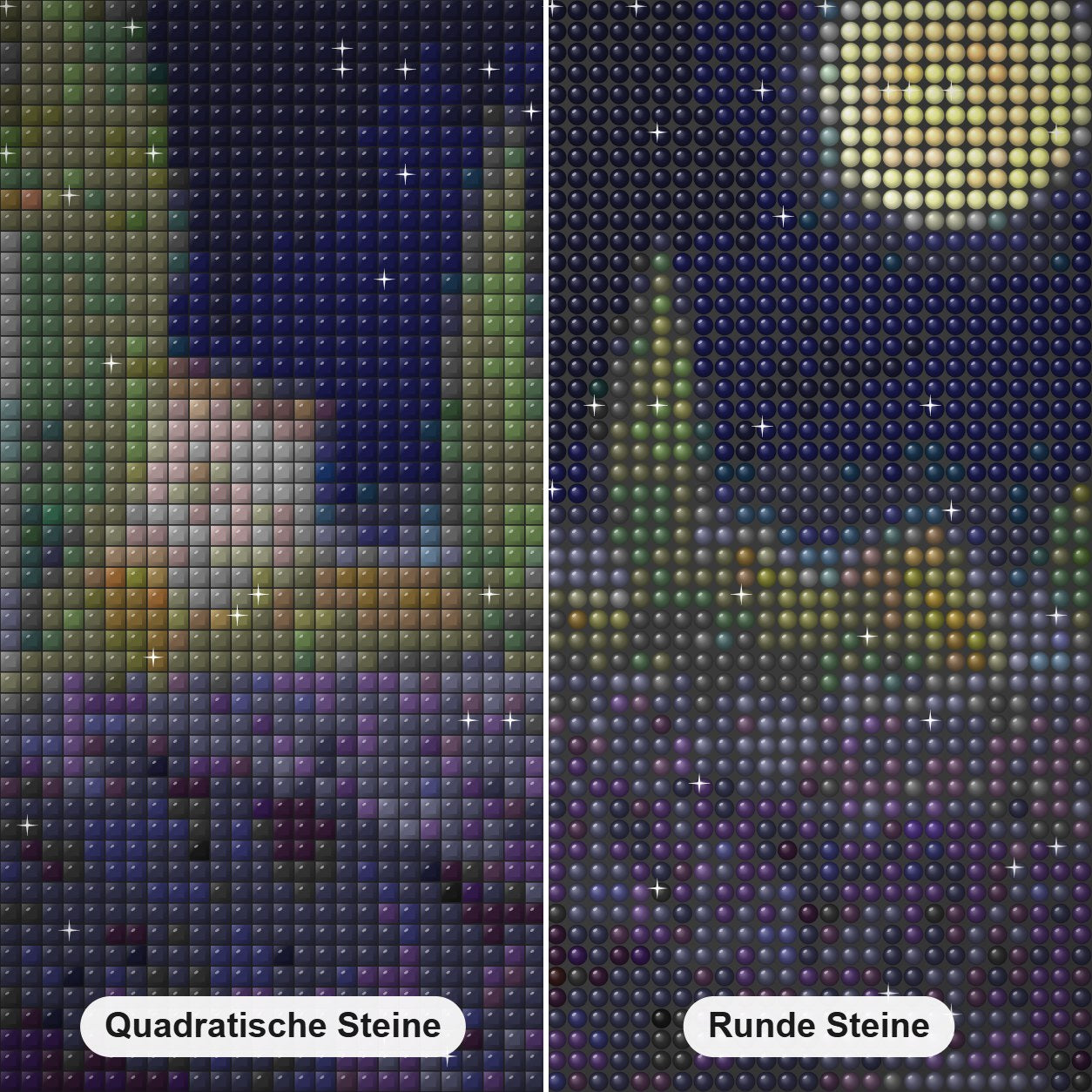 Lavendel in der Nacht - Kunst des Guido Borelli Diamond Painting Nahaufnahme mit quadratischen und runden Steinen