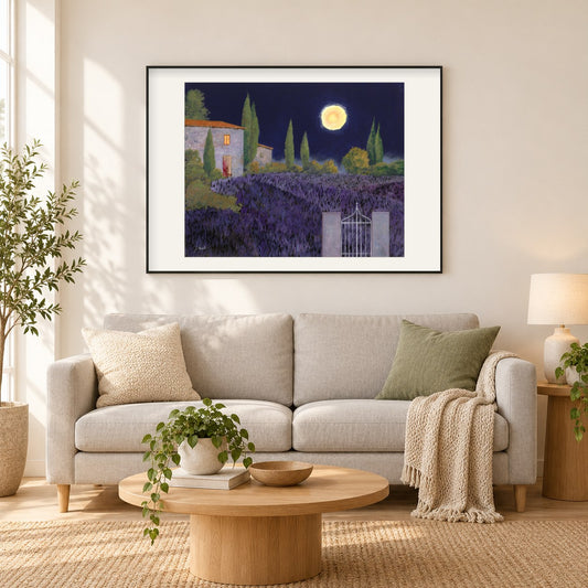 Lavendel in der Nacht - Kunst des Guido Borelli als gerahmtes Diamond Painting im Wohnzimmer