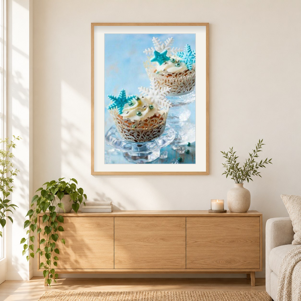 Leckere Cupcakes als gerahmtes Diamond Painting im Wohnzimmer