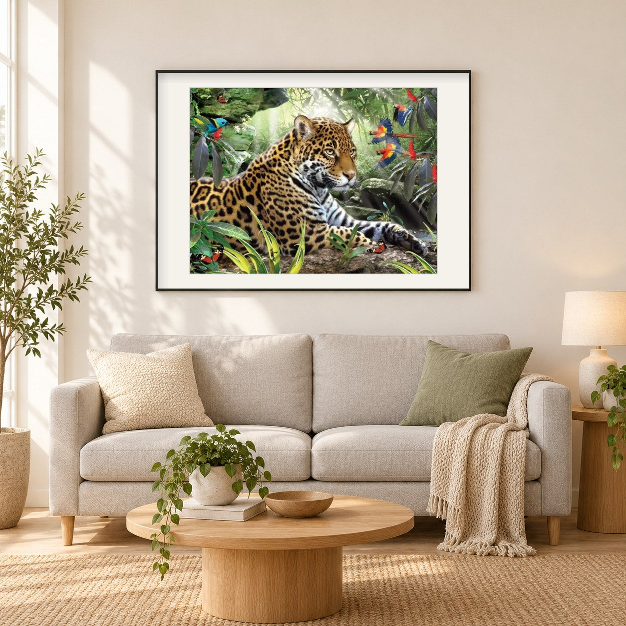Leopard & afrikanische Papageien als gerahmtes Diamond Painting im Wohnzimmer