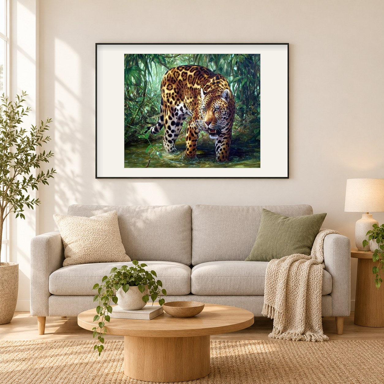 Leopard im Wald als gerahmtes Diamond Painting im Wohnzimmer