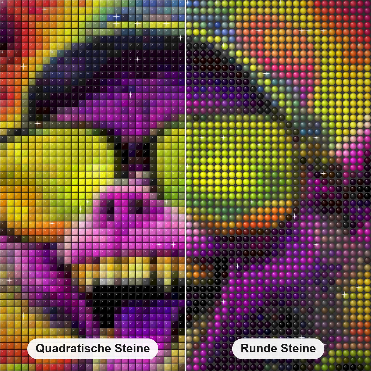 Lasst uns gemeinsam Funky sein Diamond Painting Nahaufnahme mit quadratischen und runden Steinen