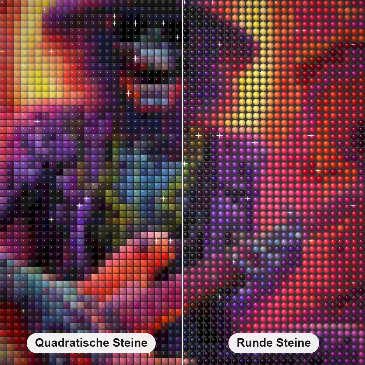 Lasst uns gemeinsam feiern Diamond Painting Nahaufnahme mit quadratischen und runden Steinen