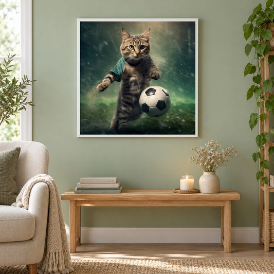 Lasst uns Fußball spielen als gerahmtes Diamond Painting im Wohnzimmer
