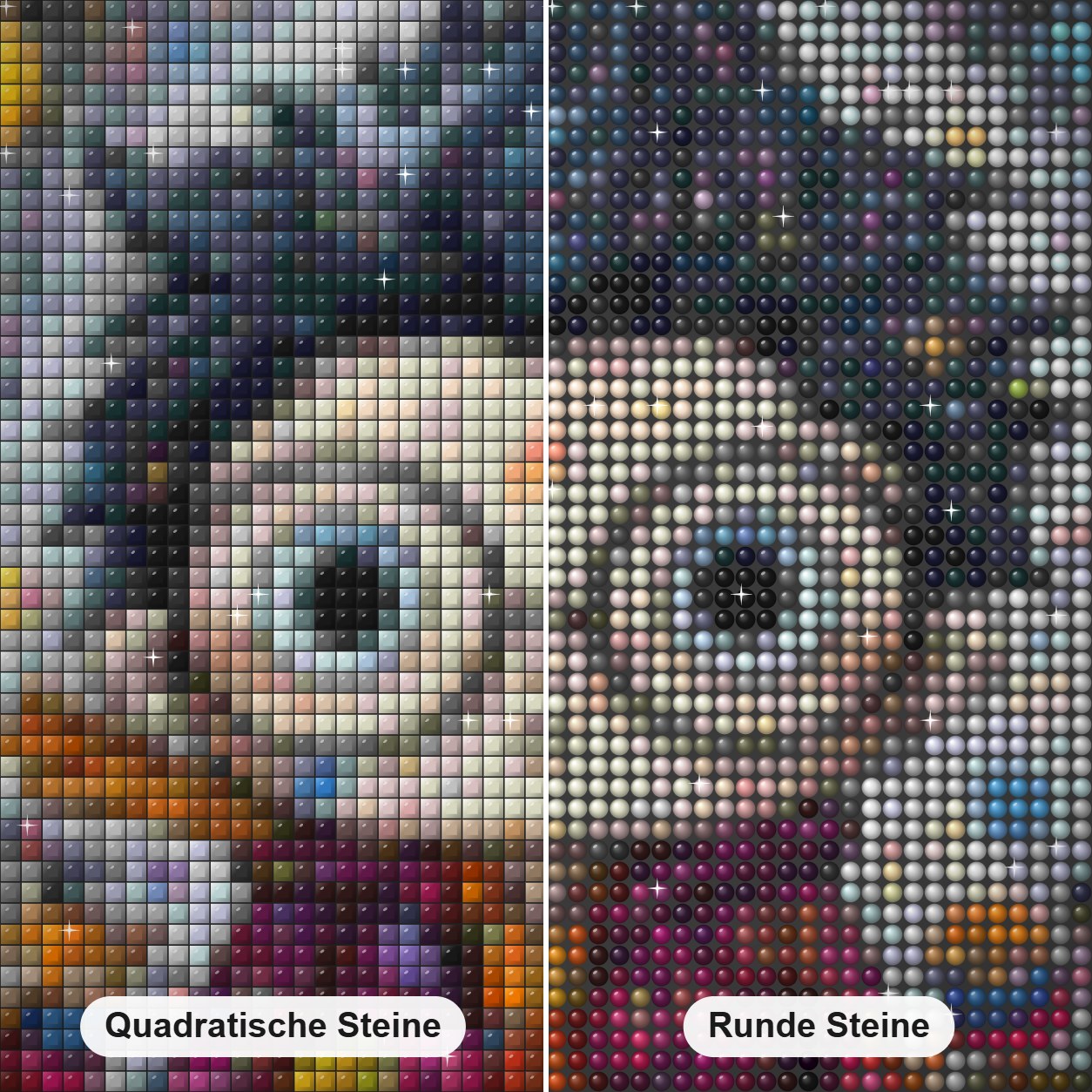 Lass uns mit einigen Farben spielen Diamond Painting Nahaufnahme mit quadratischen und runden Steinen