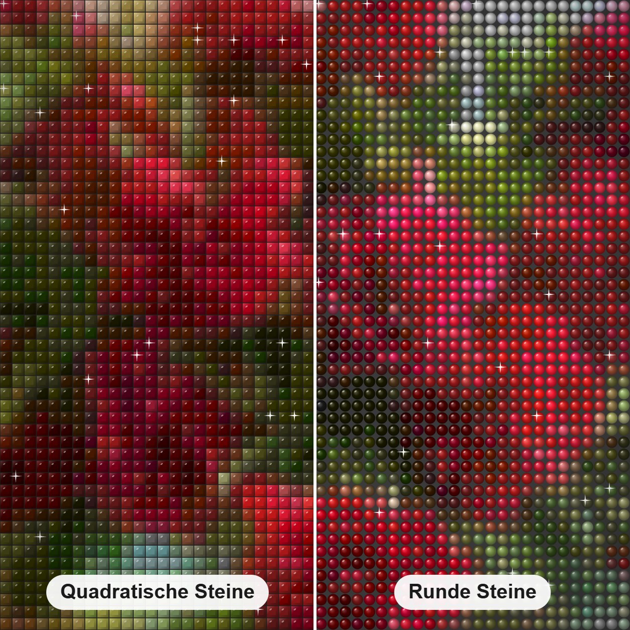 Leuchtend rote Pfingstrosen in einer Vase Diamond Painting Nahaufnahme mit quadratischen und runden Steinen