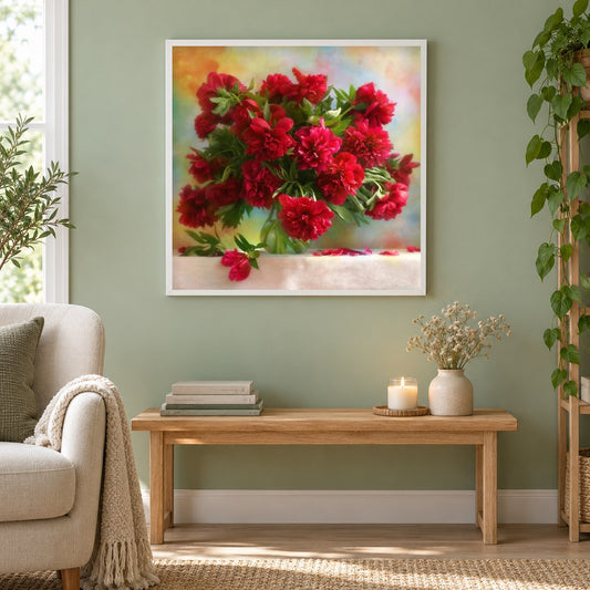 Leuchtend rote Pfingstrosen in einer Vase als gerahmtes Diamond Painting im Wohnzimmer
