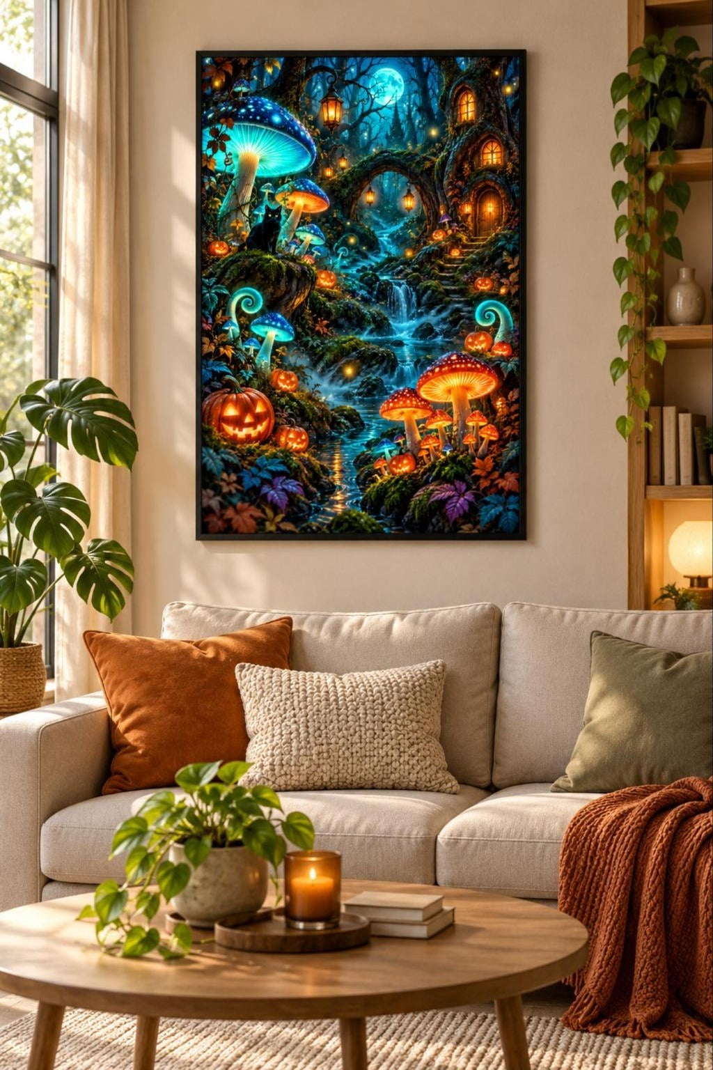 Leuchtende Pilze im Märchenwald Diamond Painting als gerahmtes Diamond Painting im Wohnzimmer