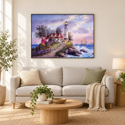 Leuchtturm am Meer als gerahmtes Diamond Painting im Wohnzimmer