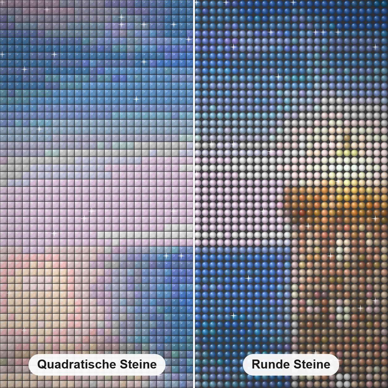 Leuchtturm Diamond Painting Nahaufnahme mit quadratischen und runden Steinen