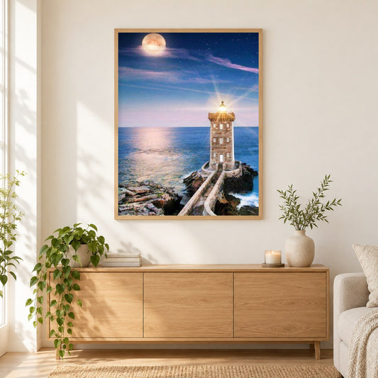 Leuchtturm als gerahmtes Diamond Painting im Wohnzimmer