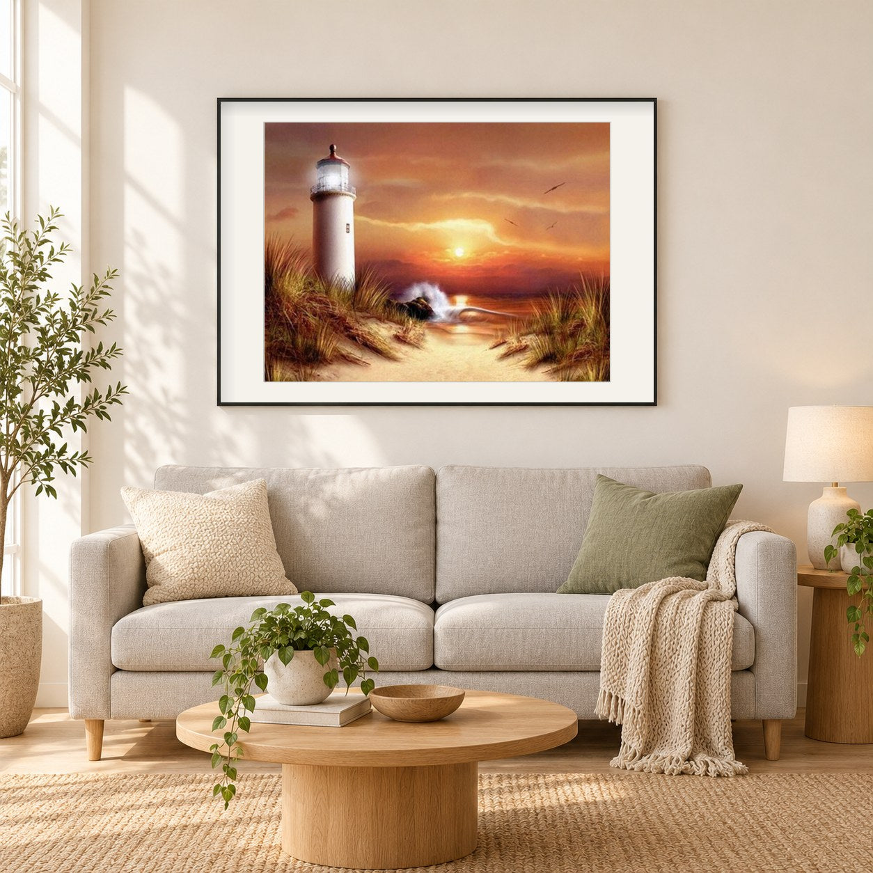 Leuchtturm und Sonnenuntergang Blick als gerahmtes Diamond Painting im Wohnzimmer