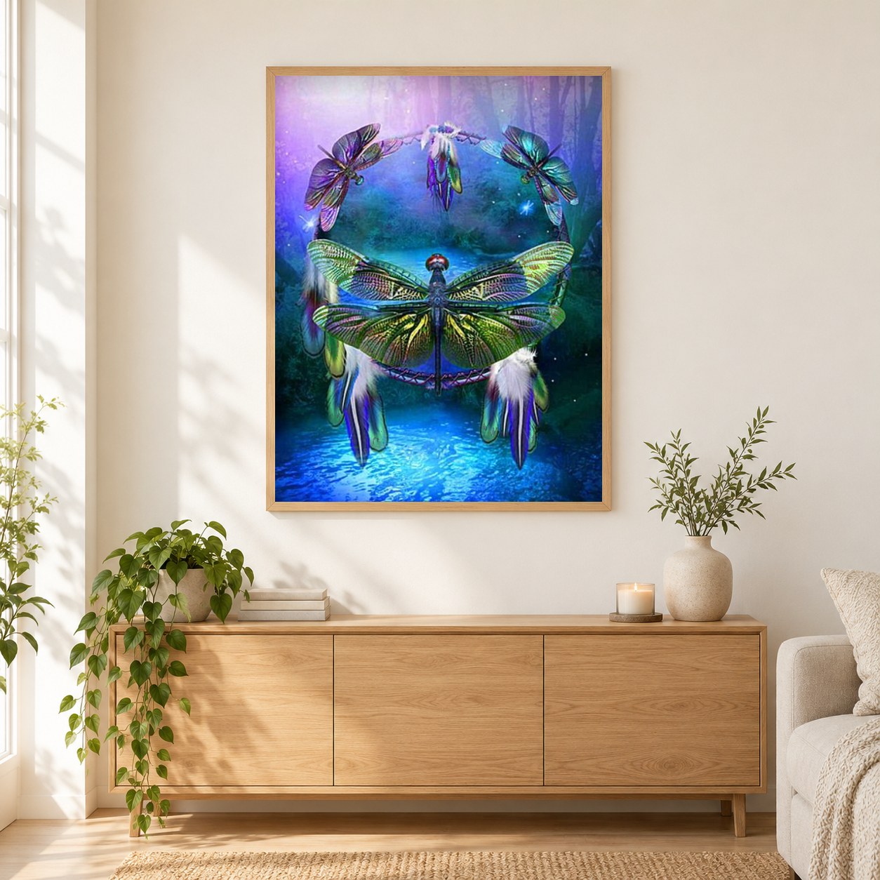 Libelle Traumfänger als gerahmtes Diamond Painting im Wohnzimmer