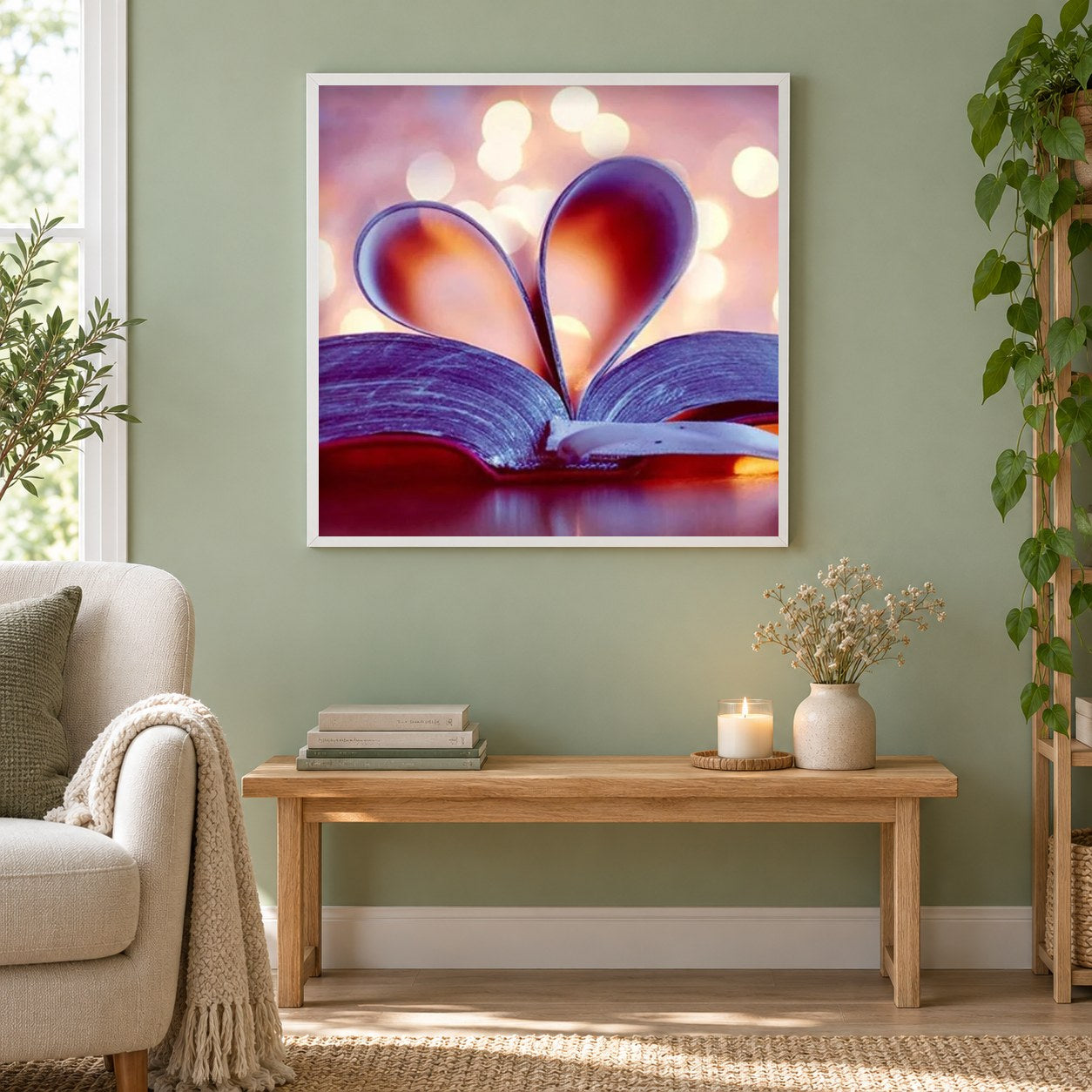 Liebesbuch als gerahmtes Diamond Painting im Wohnzimmer