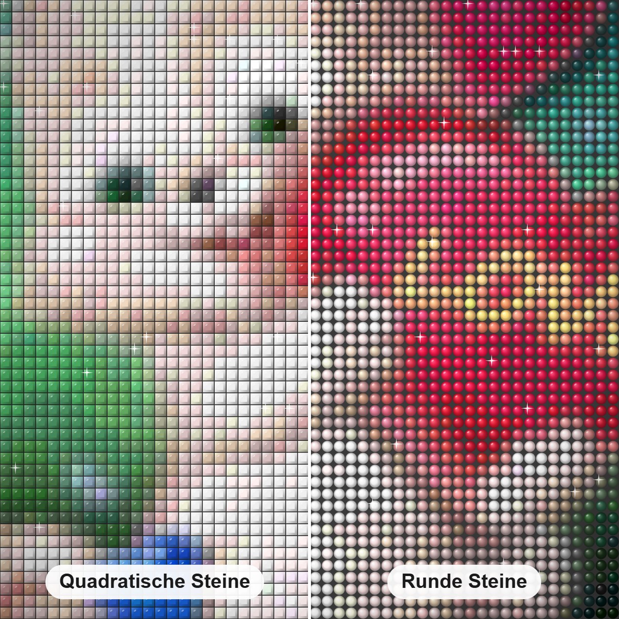 Liebeshase Diamond Painting Nahaufnahme mit quadratischen und runden Steinen