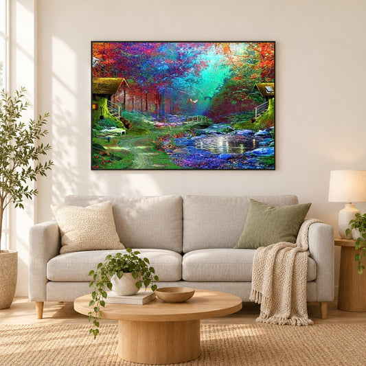 Liebeslandschaft als gerahmtes Diamond Painting im Wohnzimmer