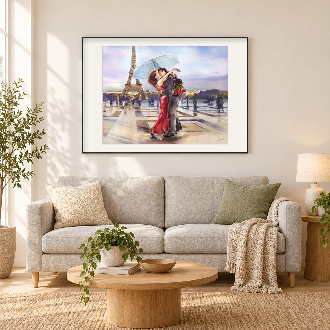 Liebespaar in der Nähe von Eiffelturm als gerahmtes Diamond Painting im Wohnzimmer