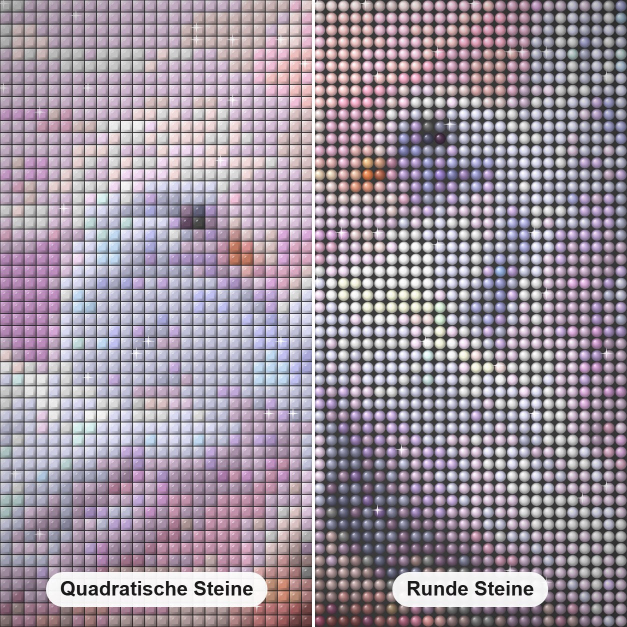Liebestauben Diamond Painting Nahaufnahme mit quadratischen und runden Steinen