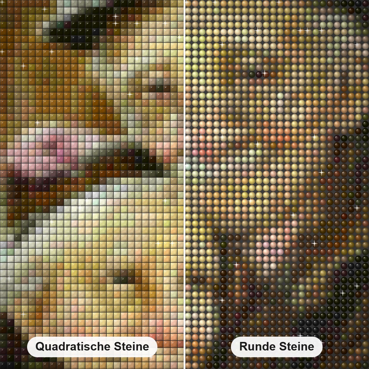 Liebevolle alte Paar Diamond Painting Nahaufnahme mit quadratischen und runden Steinen