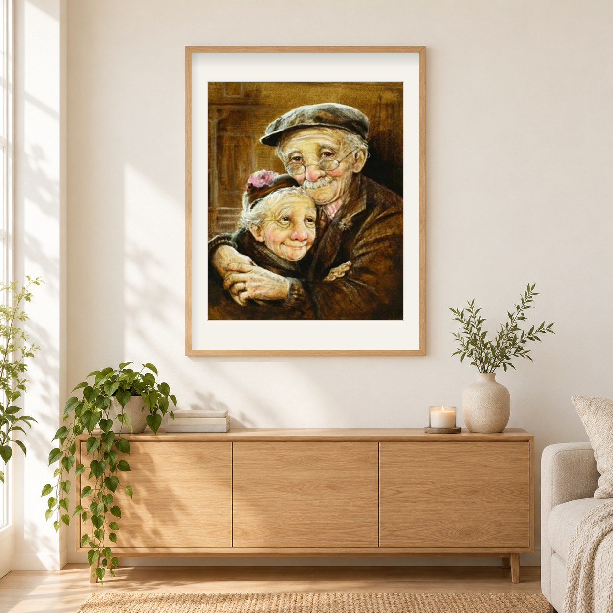 Liebevolle alte Paar als gerahmtes Diamond Painting im Wohnzimmer