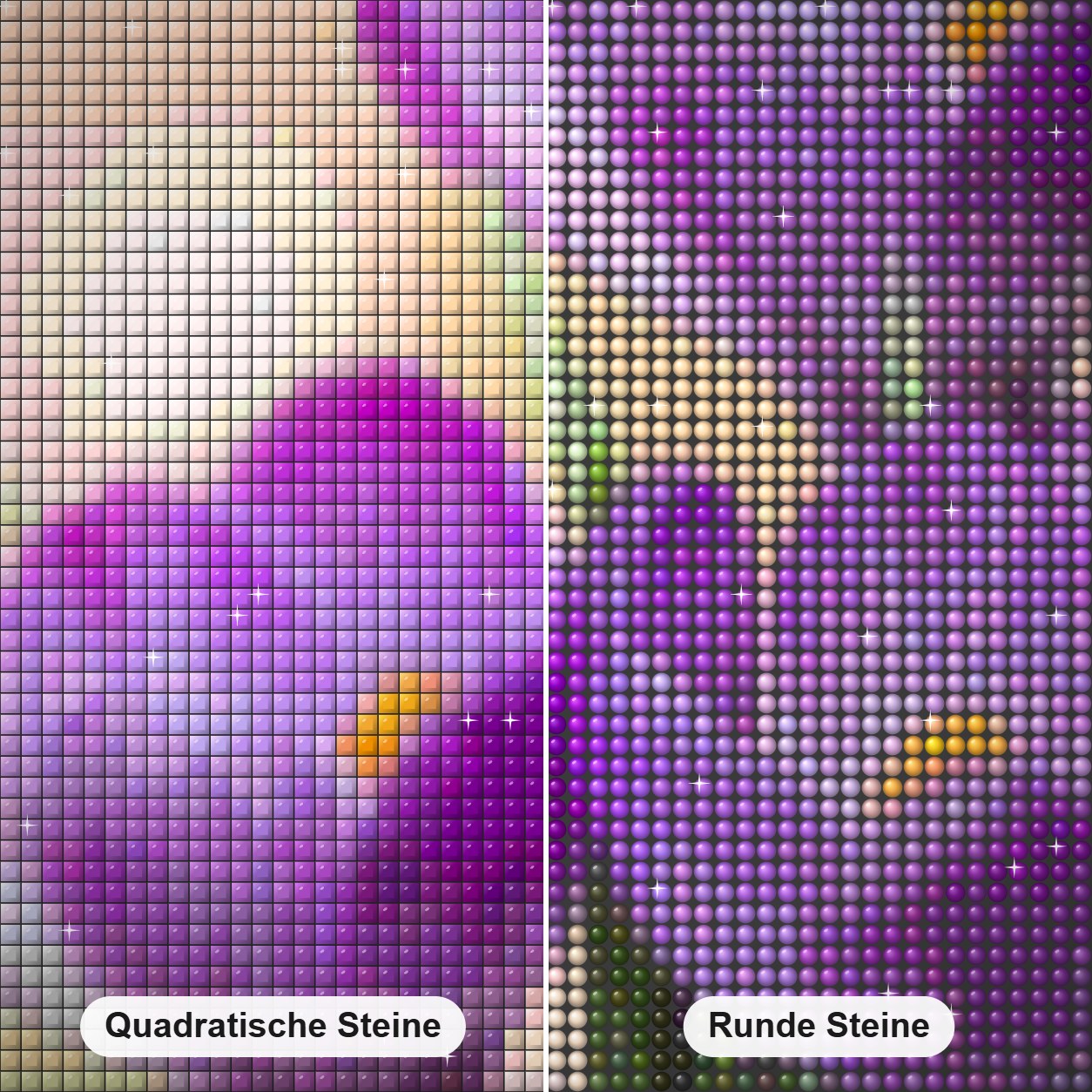 Lila Blumenschönheit Diamond Painting Nahaufnahme mit quadratischen und runden Steinen