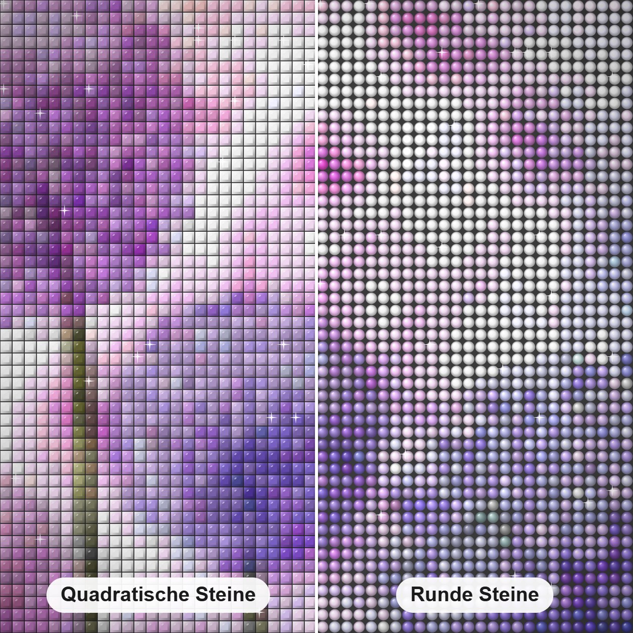 Lila Löwenzahn Diamond Painting Nahaufnahme mit quadratischen und runden Steinen