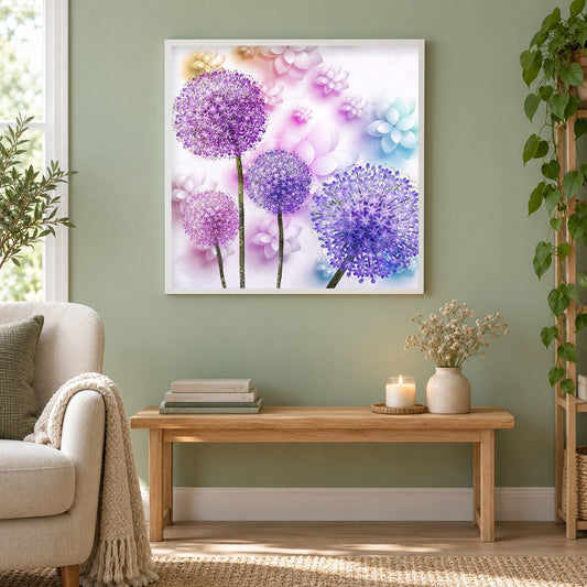 Lila Löwenzahn als gerahmtes Diamond Painting im Wohnzimmer