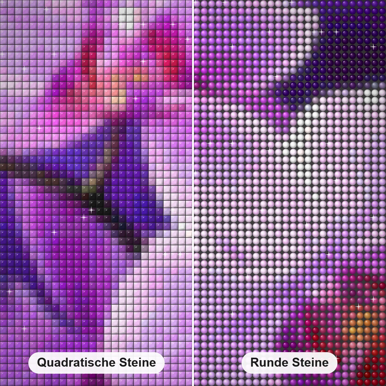 Lila Orchideen Diamond Painting Nahaufnahme mit quadratischen und runden Steinen