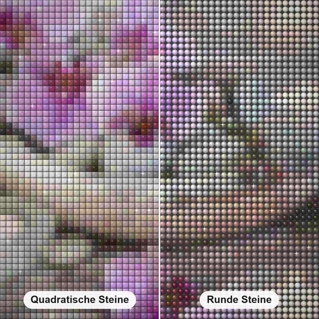 Lila Orchideen und Kerzen Diamond Painting Nahaufnahme mit quadratischen und runden Steinen