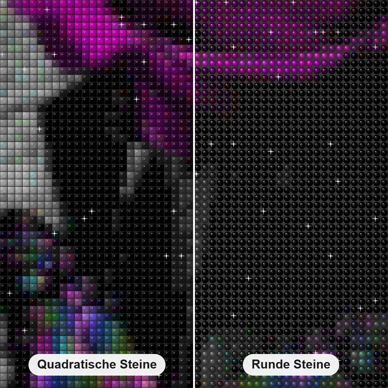 Lila Rose und Schmetterling Diamond Painting Nahaufnahme mit quadratischen und runden Steinen