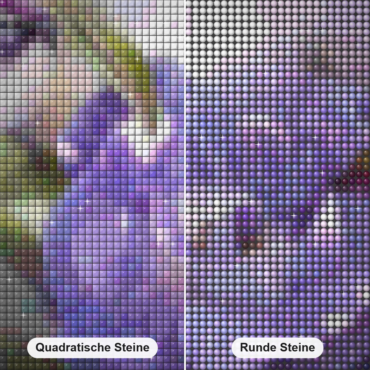 Lila Rose & Vogel Diamond Painting Nahaufnahme mit quadratischen und runden Steinen
