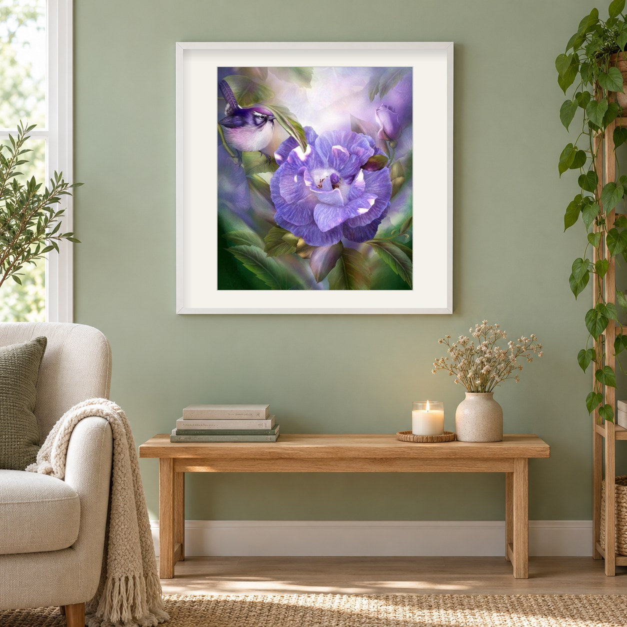 Lila Rose & Vogel als gerahmtes Diamond Painting im Wohnzimmer
