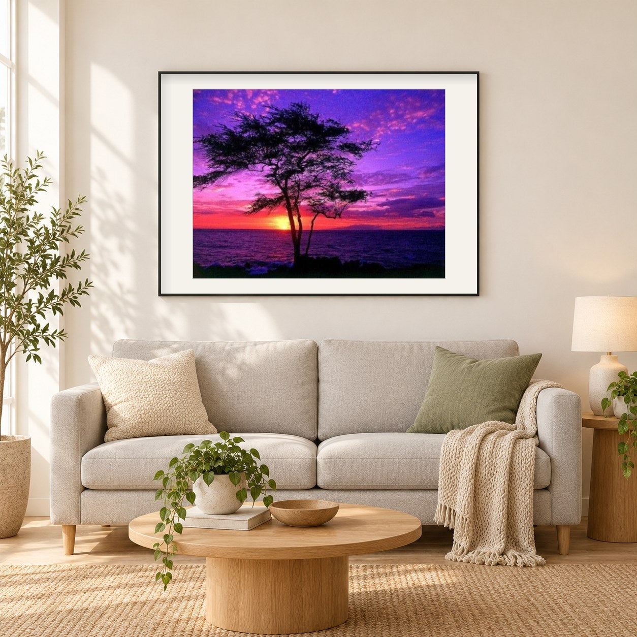 Lila Sonnenuntergang in Hawaii als gerahmtes Diamond Painting im Wohnzimmer