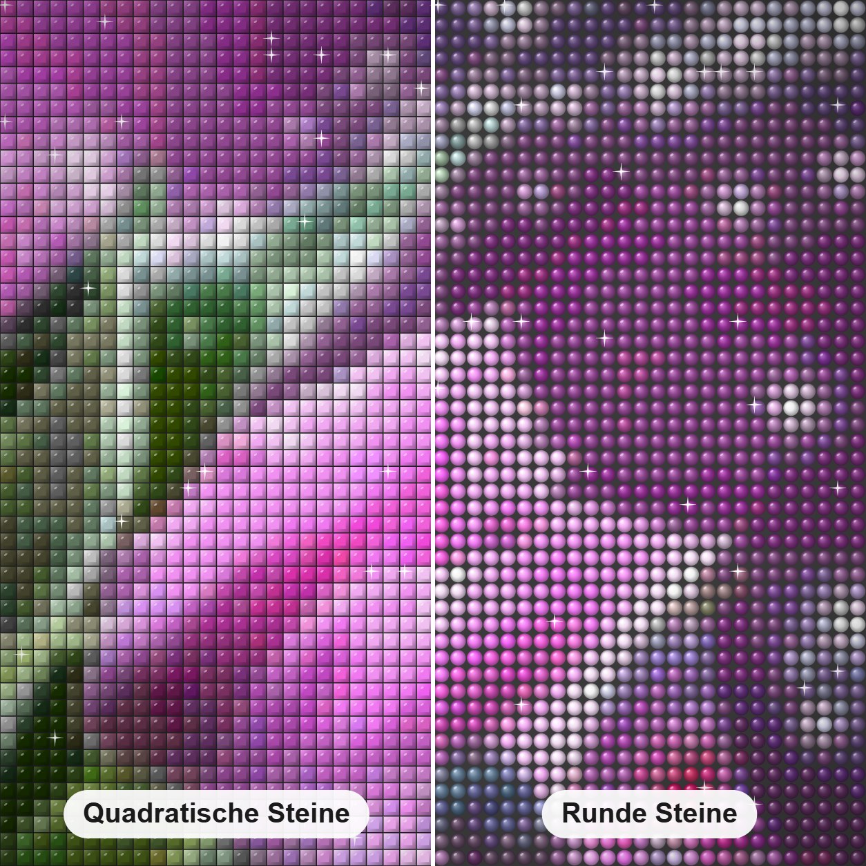 Lila Tulpen und Schmetterlinge Diamond Painting Nahaufnahme mit quadratischen und runden Steinen