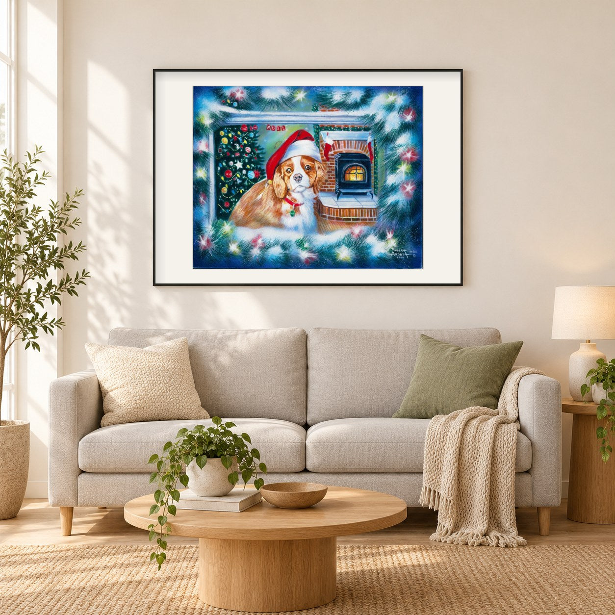Kleiner Weihnachtsträumer -Kunst des Robert Andrea als gerahmtes Diamond Painting im Wohnzimmer