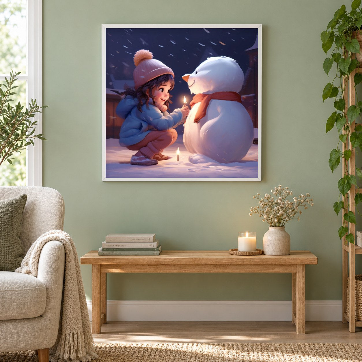 Kleines Mädchen mit einem Schneemann als gerahmtes Diamond Painting im Wohnzimmer