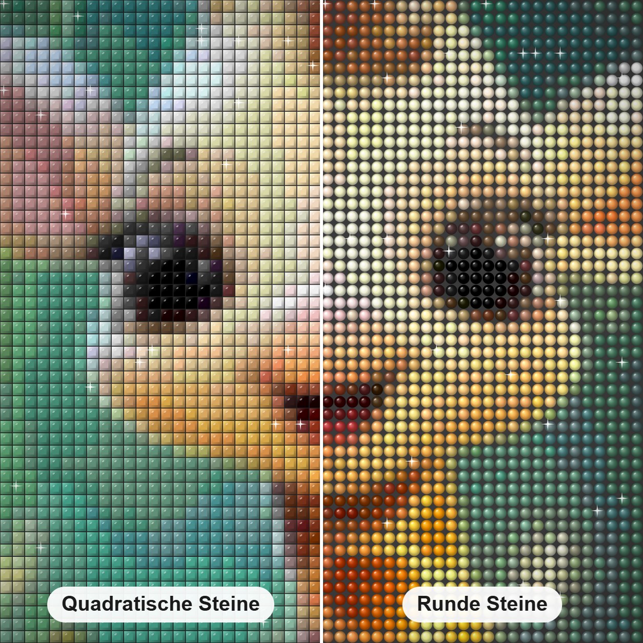 Das spielerische Abenteuer der Kleinen Diamond Painting Nahaufnahme mit quadratischen und runden Steinen