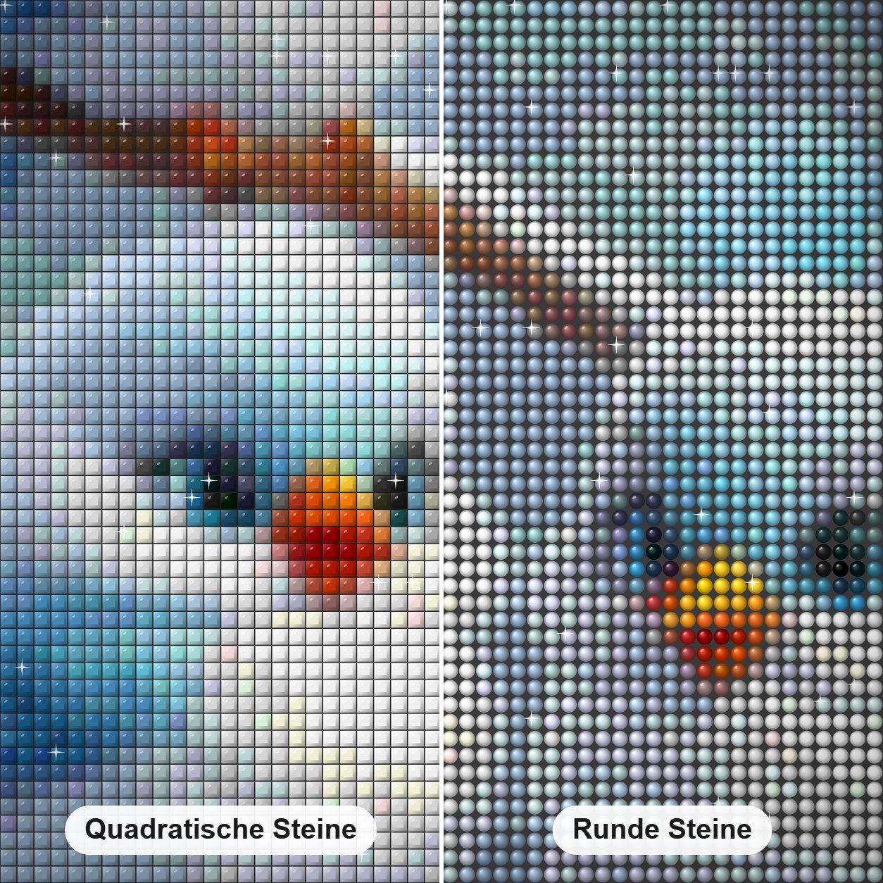 Kleine Spatzen zwischen Beeren Diamond Painting Nahaufnahme mit quadratischen und runden Steinen
