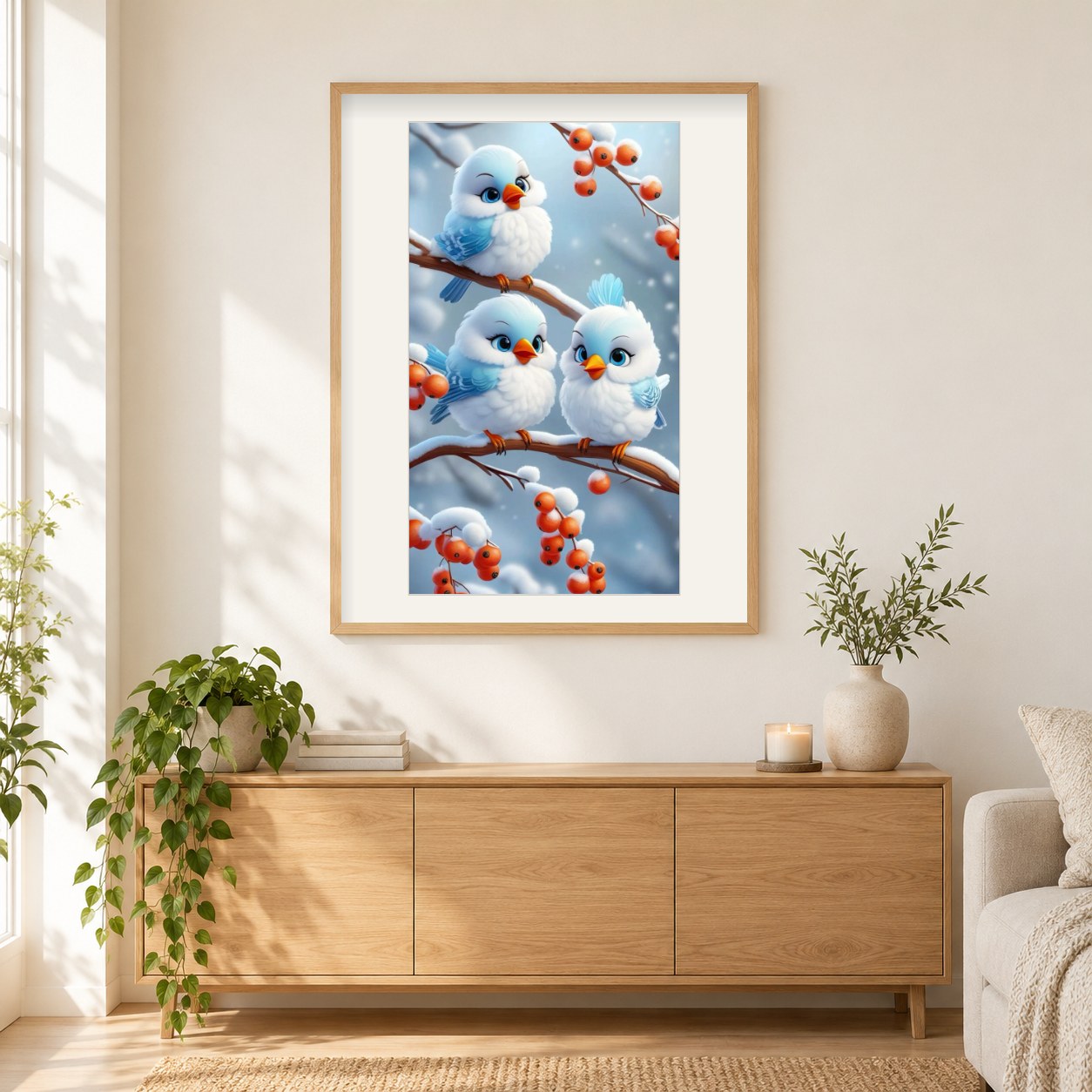 Kleine Spatzen zwischen Beeren als gerahmtes Diamond Painting im Wohnzimmer