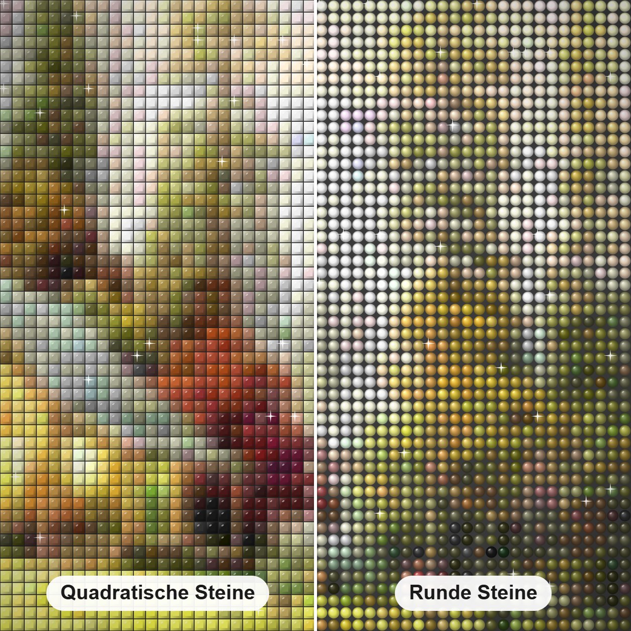 Lodge Hütte am Fluss Diamond Painting Nahaufnahme mit quadratischen und runden Steinen