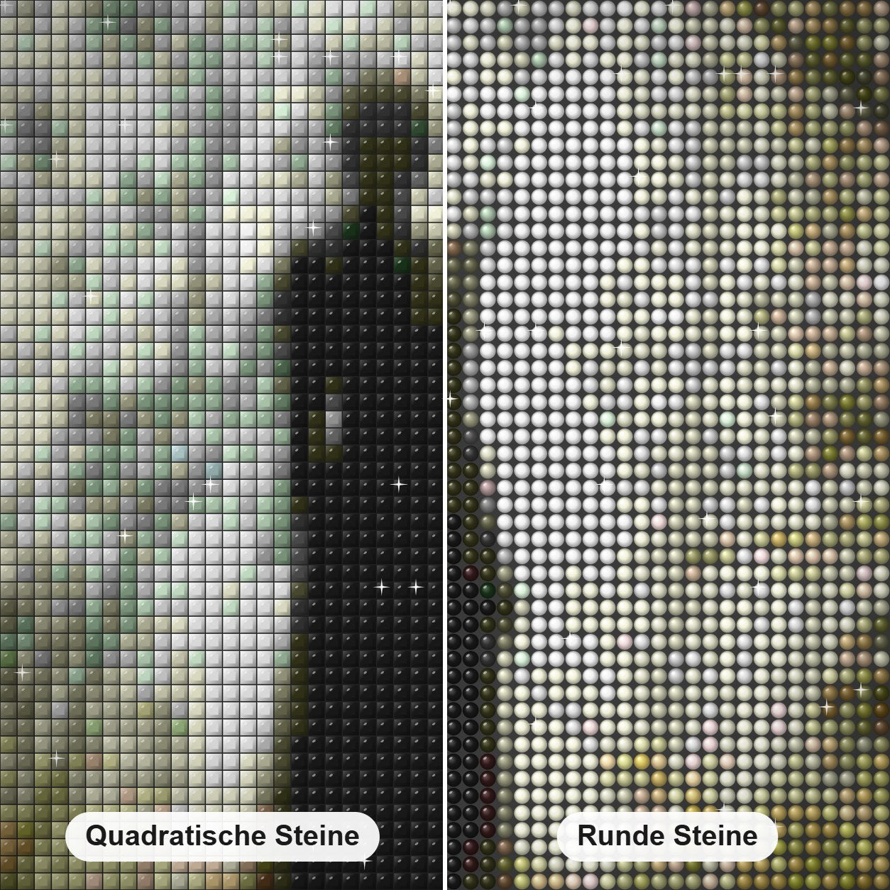 Einsames Mädchen in einem Wald Diamond Painting Nahaufnahme mit quadratischen und runden Steinen