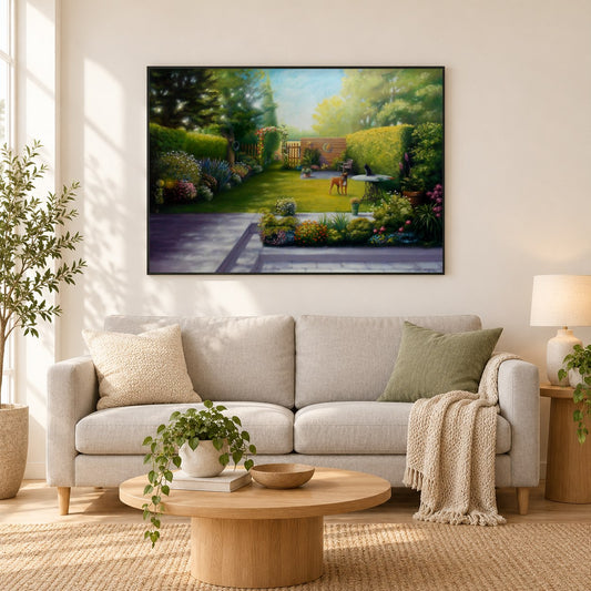 Zurückblicken - Kunst des Liam Kelly als gerahmtes Diamond Painting im Wohnzimmer